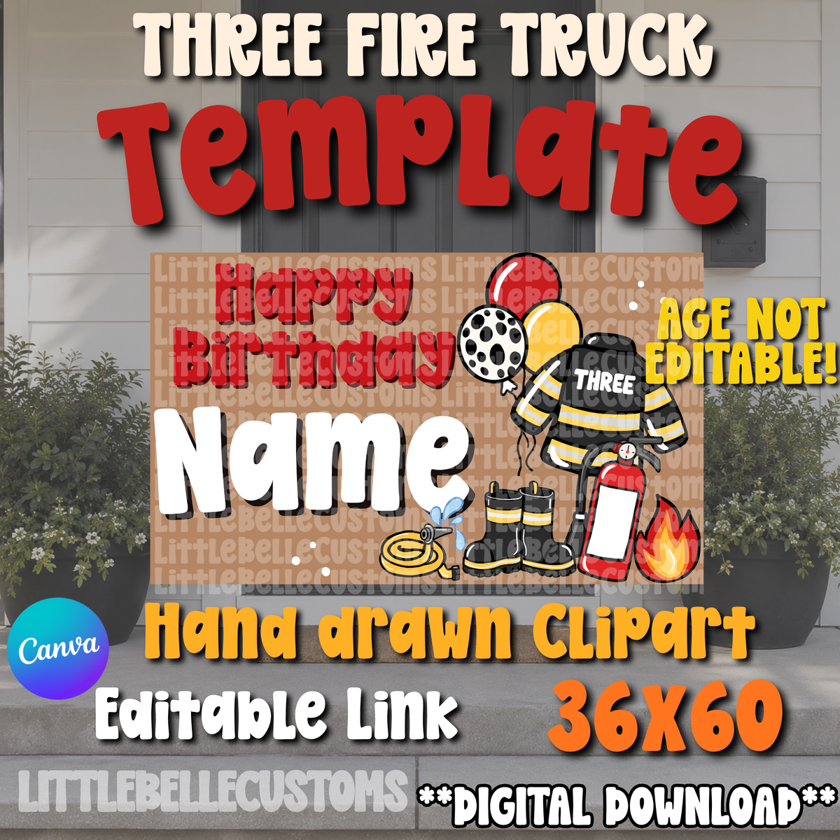 HAPPY BIRTHDAY THREE FIRE TRUCK BIRTHDAY (AGE NOT EDITABLE! ) Painted Banner TEMPLATE LINK FOR BANNER ARTISTS| Digital Download