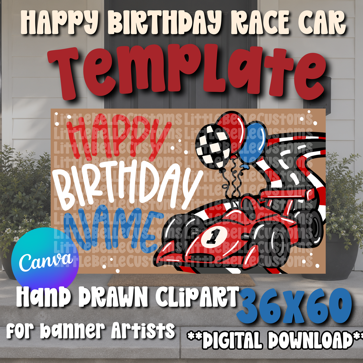 Happy Birthday Race Car Painted Banner TEMPLATE LINK FOR BANNER ARTISTS|  Digital Download